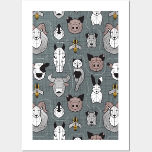 Friendly Geometric Farm Animals // pattern // green grey linen texture background black and white brown grey and yellow animals Posters and Art